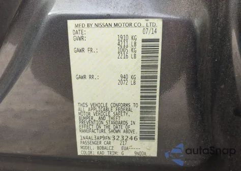 2015 Nissan Altima 2.5/2.5 S/2.5 Sl/2.5 Sv from USA, damaged, VIN 1N4AL3AP9FN323246